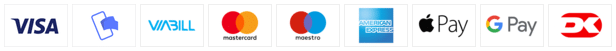 En række logoer for betalingsmetoder: Visa, Visa Electron, Mastercard, Maestro, American Express, Apple Pay, Google Pay og Dankort.